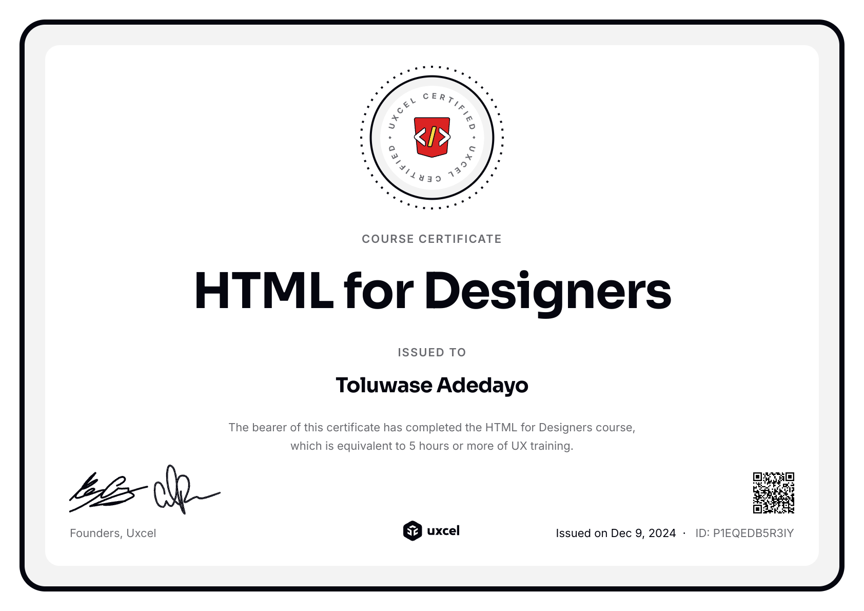 Toluwase Adedayo's certificate